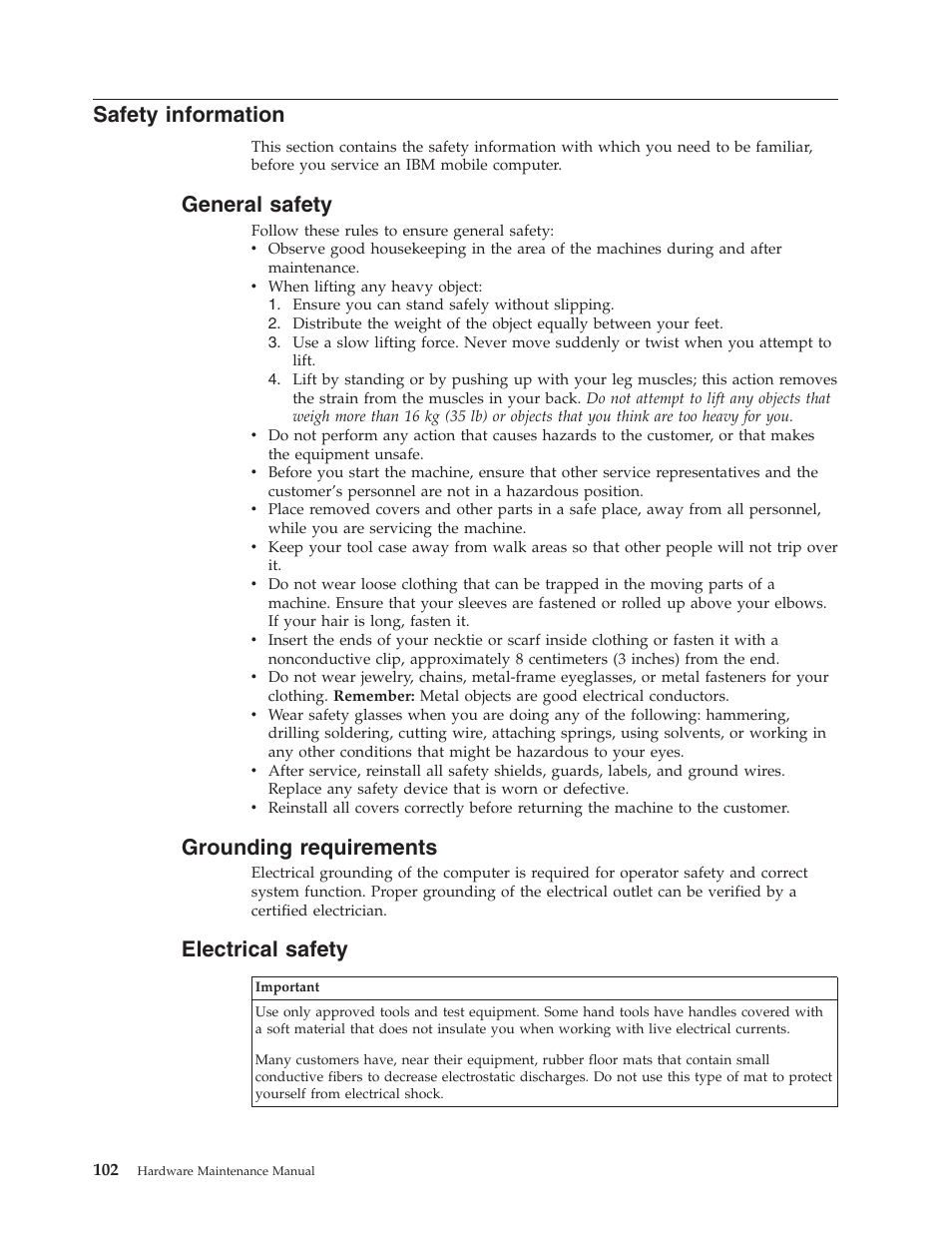 Safety information, General safety, Grounding requirements | Electrical safety, Safety, Information, General, Grounding, Requirements, Electrical | IBM 6643 User Manual | Page 110 / 128