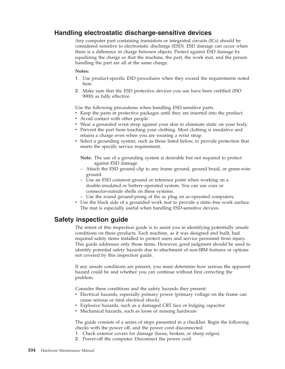 Handling electrostatic discharge-sensitive devices, Safety inspection guide, Handling | Electrostatic, Discharge-sensitive, Devices, Safety, Inspection, Guide | IBM 6643 User Manual | Page 112 / 128