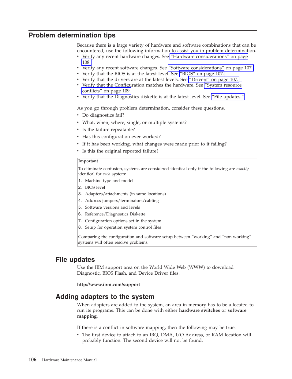 Problem determination tips, File updates, Adding adapters to the system | Problem, Determination, Tips, File, Updates, Adding, Adapters | IBM 6643 User Manual | Page 114 / 128