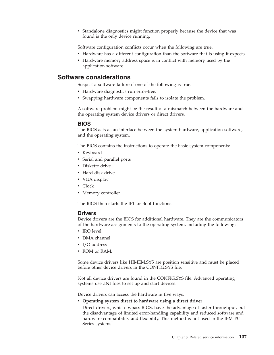 Software considerations, Bios, Drivers | Software, Considerations | IBM 6643 User Manual | Page 115 / 128