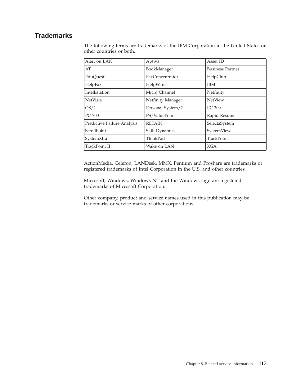 Trademarks | IBM 6643 User Manual | Page 125 / 128
