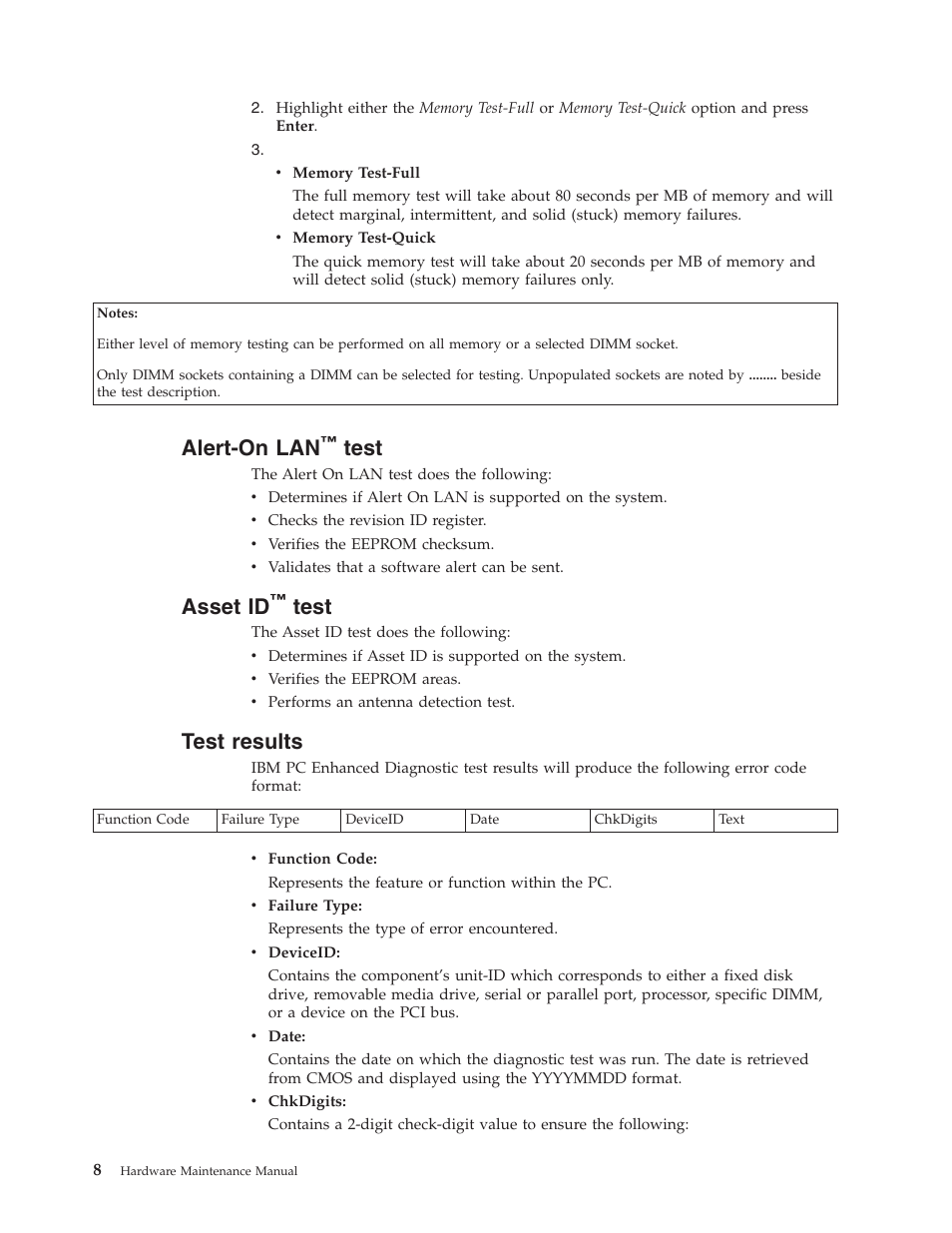 Alert-on lan™ test, Asset id™ test, Test results | Alert-on, Test, Asset, Results | IBM 6643 User Manual | Page 16 / 128