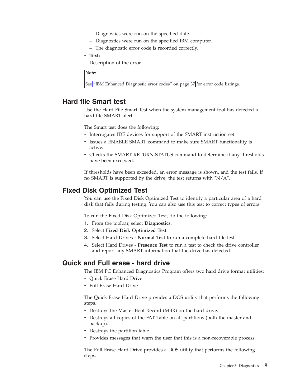 Hard file smart test, Fixed disk optimized test, Quick and full erase - hard drive | Hard, File, Smart, Test, Fixed, Disk, Optimized | IBM 6643 User Manual | Page 17 / 128