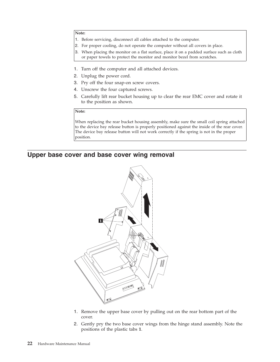 Upper base cover and base cover wing removal, Upper, Base | Cover, Wing, Removal | IBM 6643 User Manual | Page 30 / 128