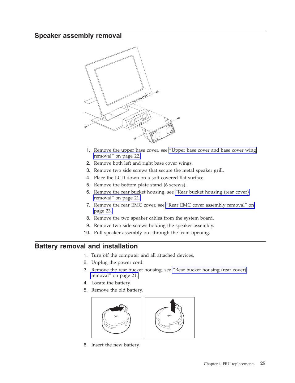 Speaker assembly removal, Battery removal and installation, Speaker | Assembly, Removal, Battery, Installation | IBM 6643 User Manual | Page 33 / 128