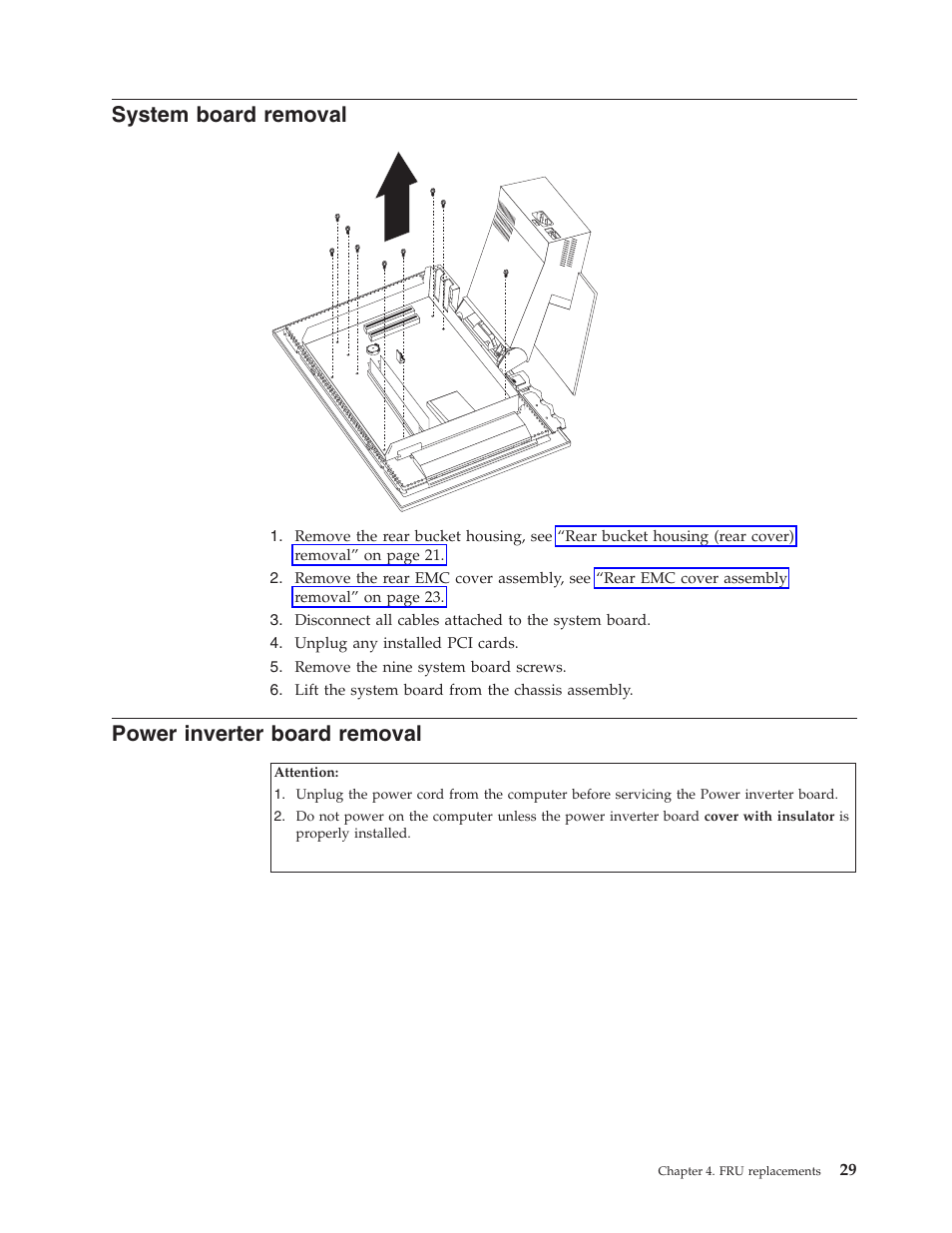 System board removal, Power inverter board removal, System | Board, Removal, Power, Inverter | IBM 6643 User Manual | Page 37 / 128