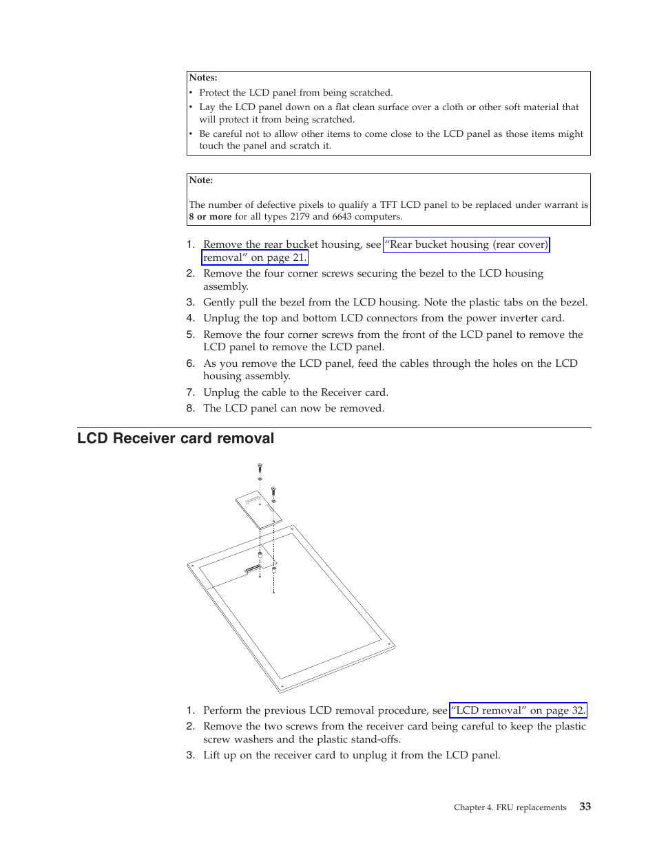 Lcd receiver card removal, Receiver, Card | Removal | IBM 6643 User Manual | Page 41 / 128