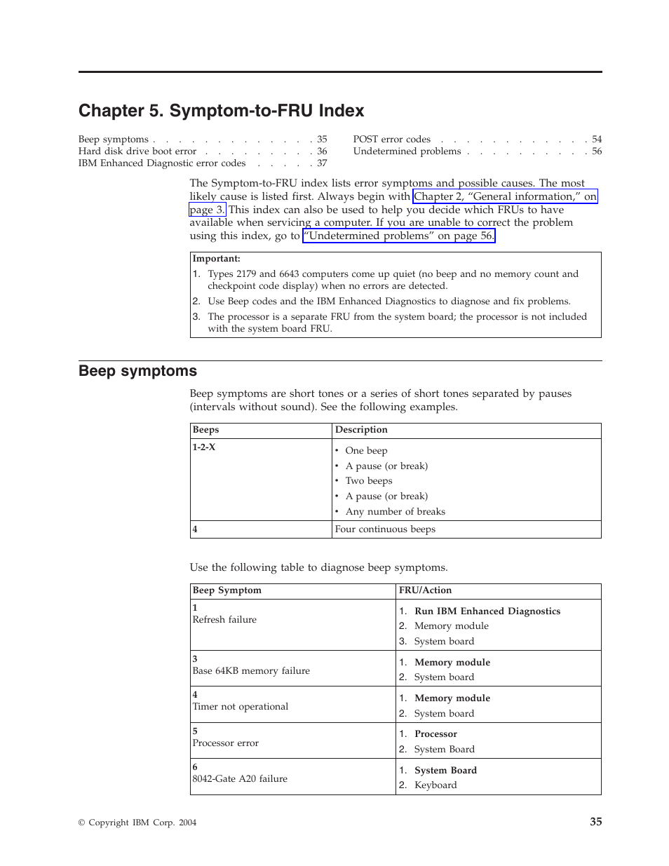 Chapter 5. symptom-to-fru index, Beep symptoms, Chapter | Symptom-to-fru, Index, Beep, Symptoms | IBM 6643 User Manual | Page 43 / 128