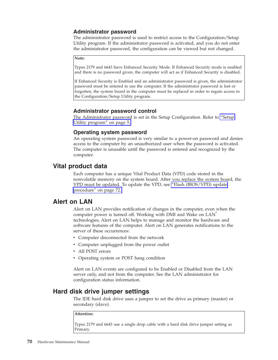 Administrator password, Administrator password control, Operating system password | Vital product data, Alert on lan, Hard disk drive jumper settings, Administrator, Password, Control, Operating | IBM 6643 User Manual | Page 78 / 128