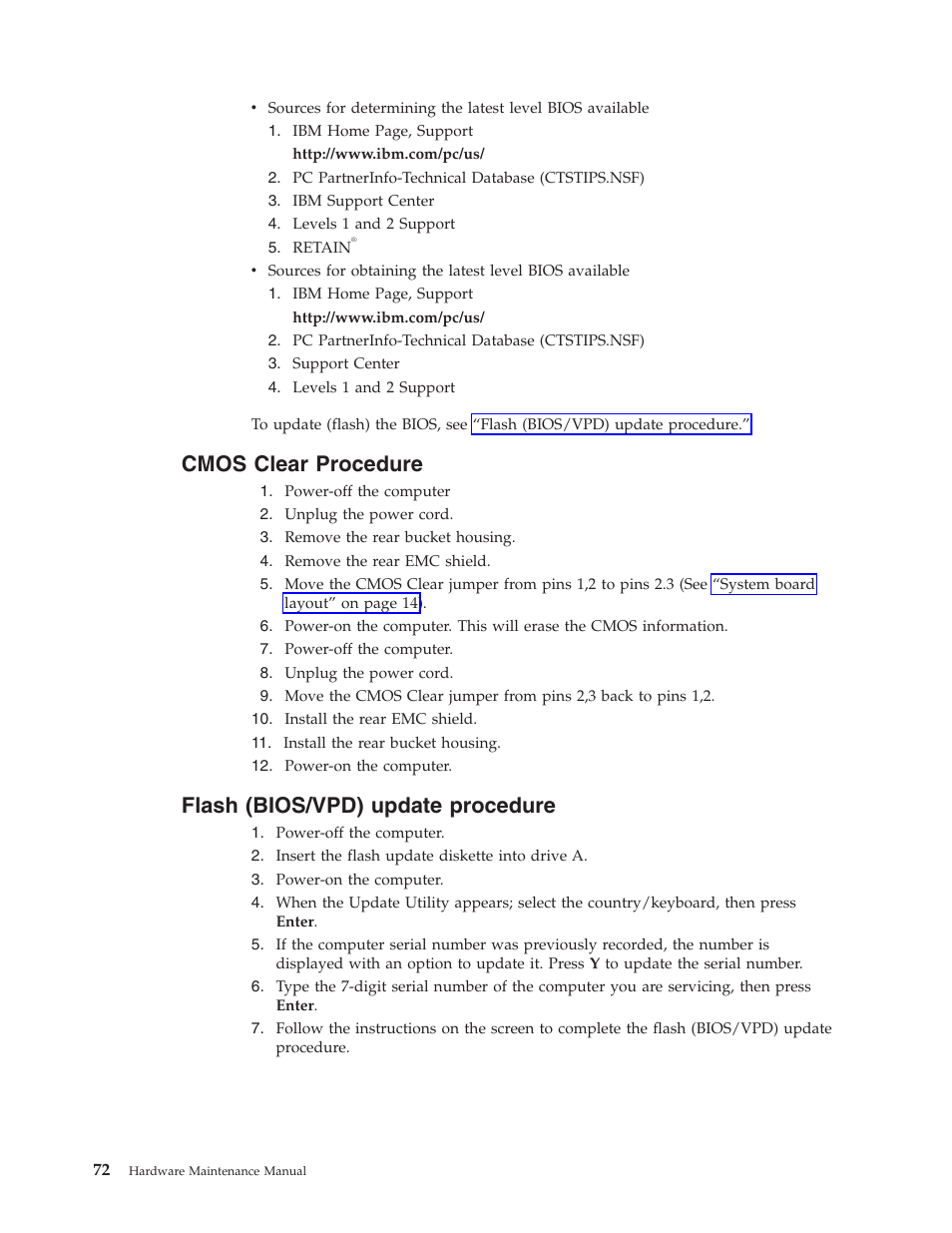 Cmos clear procedure, Flash (bios/vpd) update procedure, Cmos | Clear, Procedure, Flash, Bios/vpd), Update | IBM 6643 User Manual | Page 80 / 128