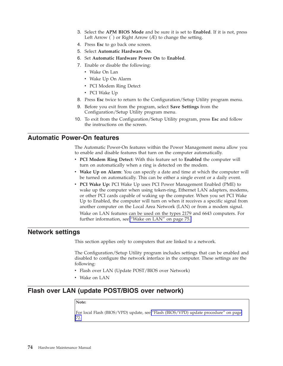 Automatic power-on features, Network settings, Flash over lan (update post/bios over network) | Automatic, Power-on, Features, Network, Settings, Flash, Over | IBM 6643 User Manual | Page 82 / 128