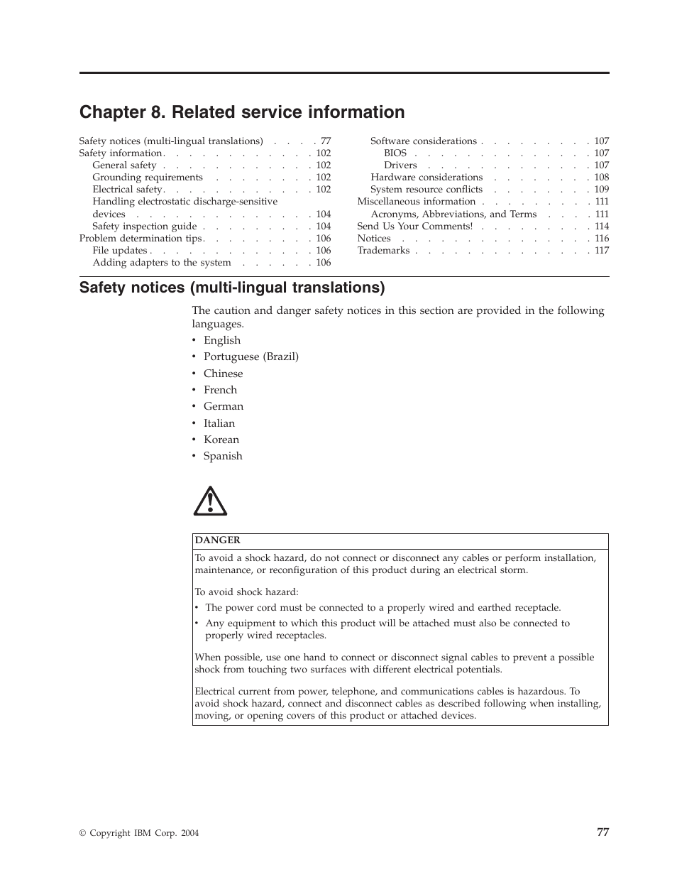 Chapter 8. related service information, Safety notices (multi-lingual translations), Safety | Notices, Multi-lingual, Translations), Chapter, Related, Service, Information | IBM 6643 User Manual | Page 85 / 128