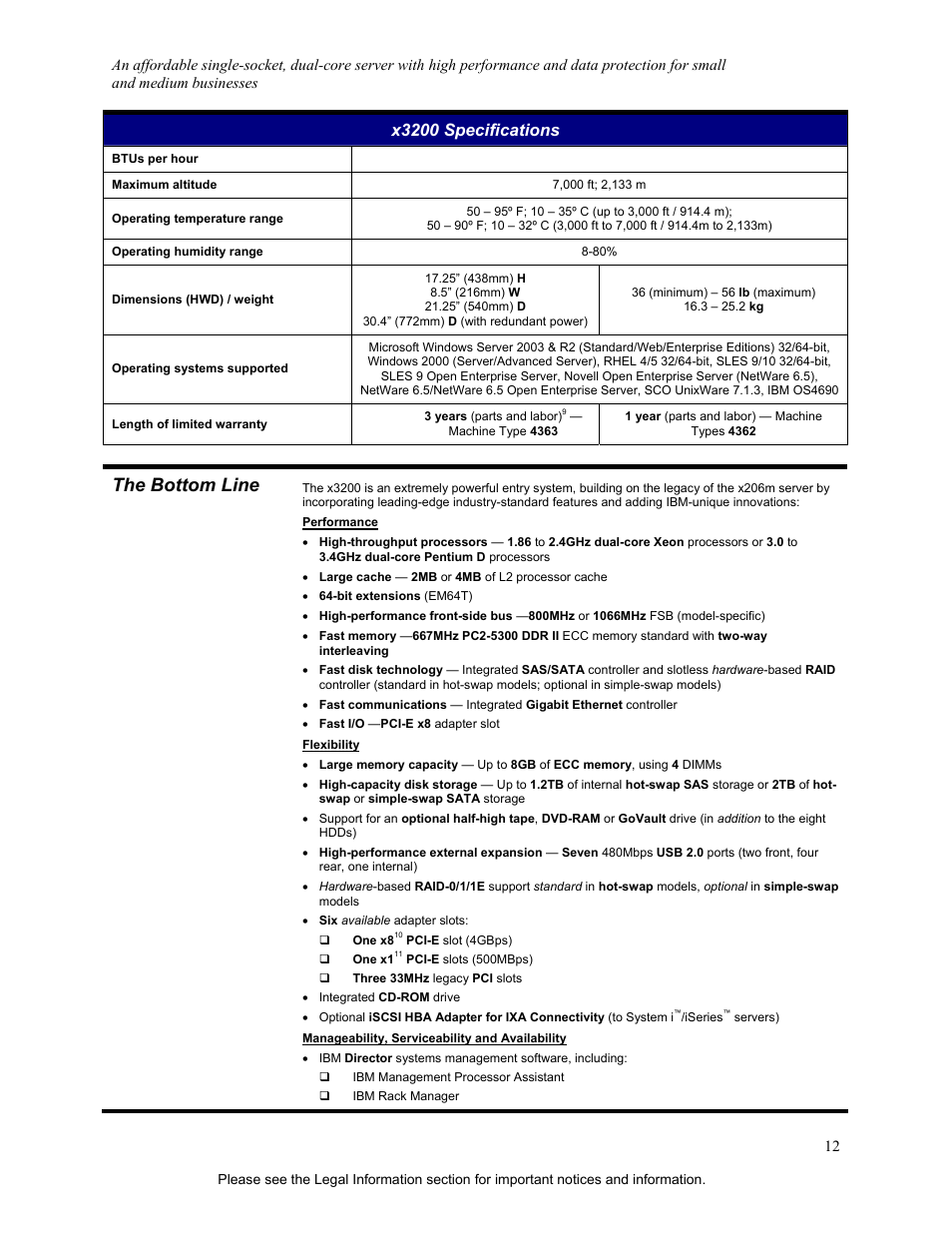 The bottom line, X3200 specifications | IBM X3200 User Manual | Page 12 / 14