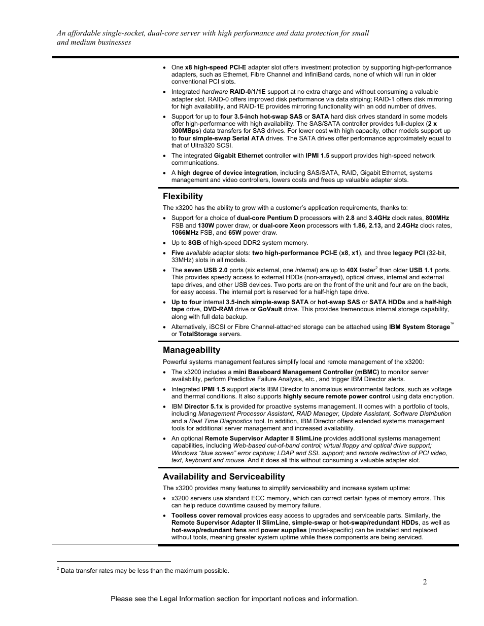 Flexibility, Manageability, Availability and serviceability | IBM X3200 User Manual | Page 2 / 14
