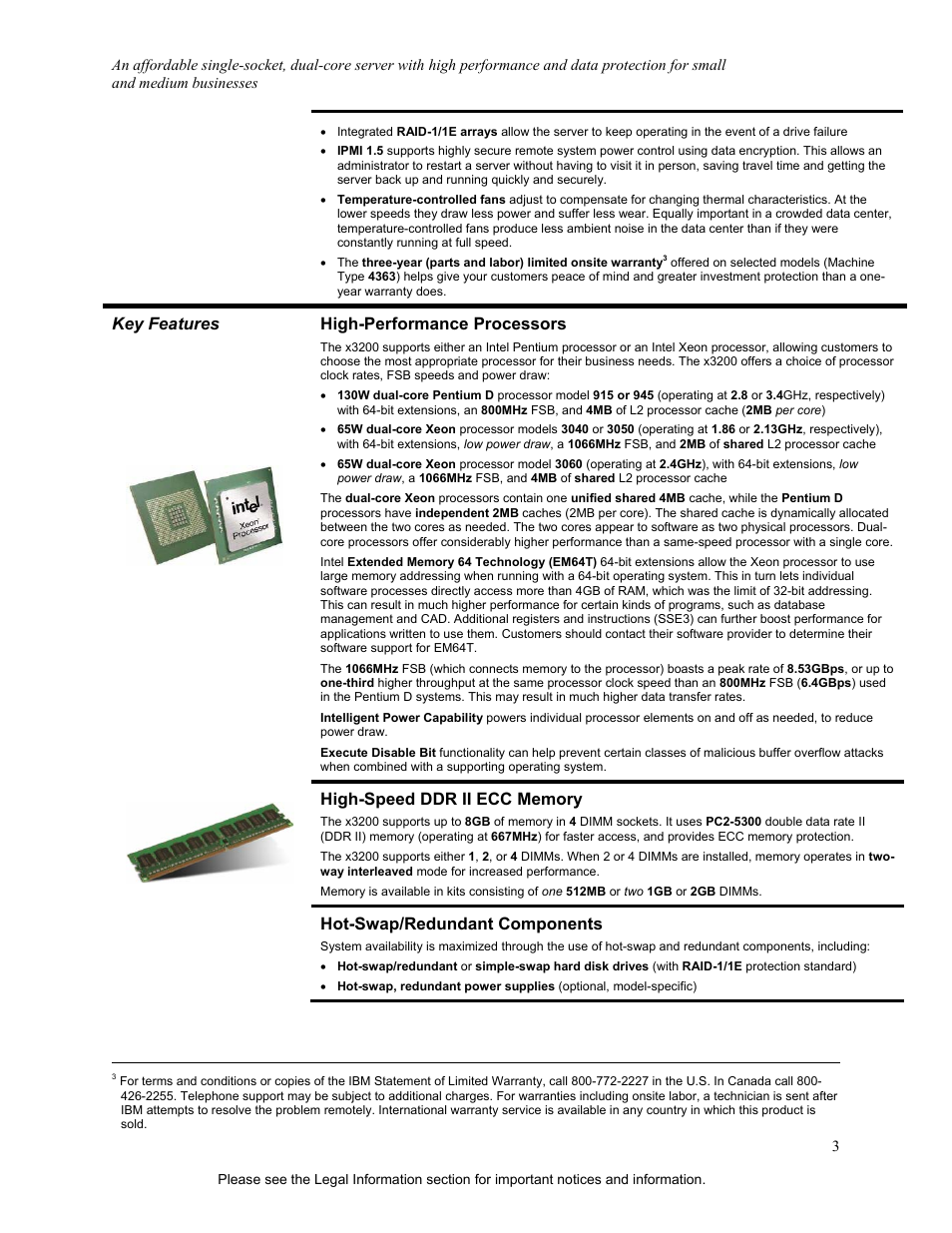 Key features high-performance processors, Hot-swap/redundant components | IBM X3200 User Manual | Page 3 / 14