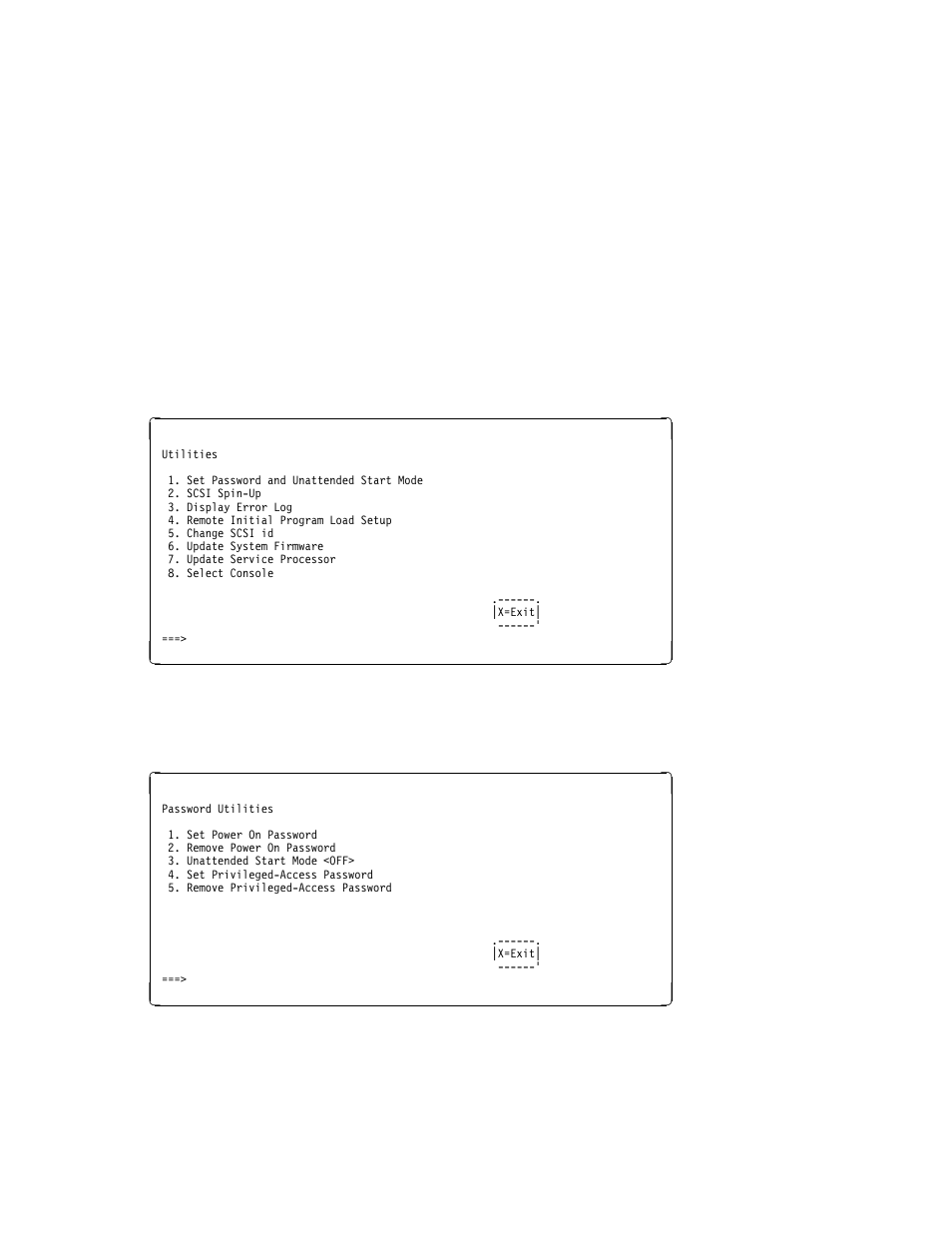 Utilities, Set password and unattended start mode | IBM H SERIES RS/6000 User Manual | Page 103 / 290