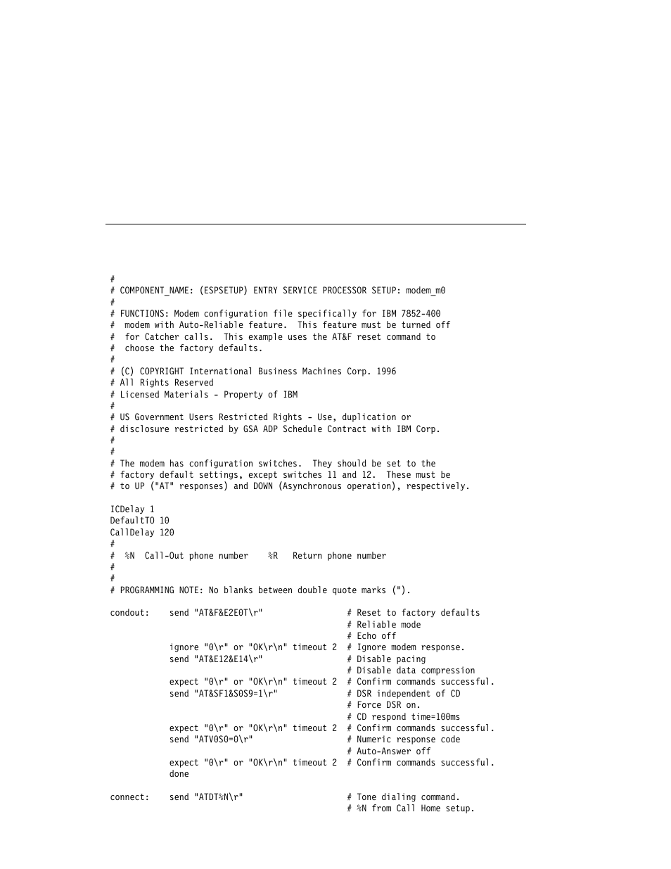 Modem configuration samples, Sample file modem_m0.cfg, Modem_m0.cfg | IBM H SERIES RS/6000 User Manual | Page 253 / 290