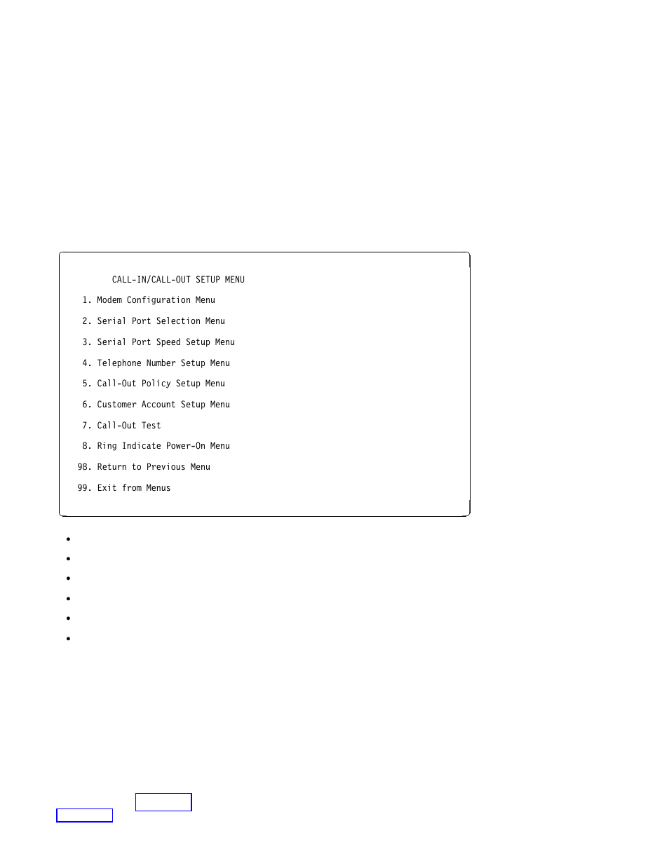 Call-in/call-out setup menu, Modem configuration menu | IBM H SERIES RS/6000 User Manual | Page 56 / 290