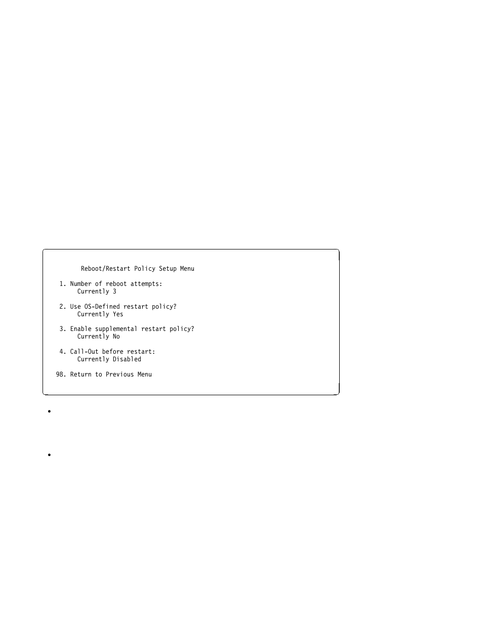 Reboot/restart policy setup menu | IBM H SERIES RS/6000 User Manual | Page 62 / 290