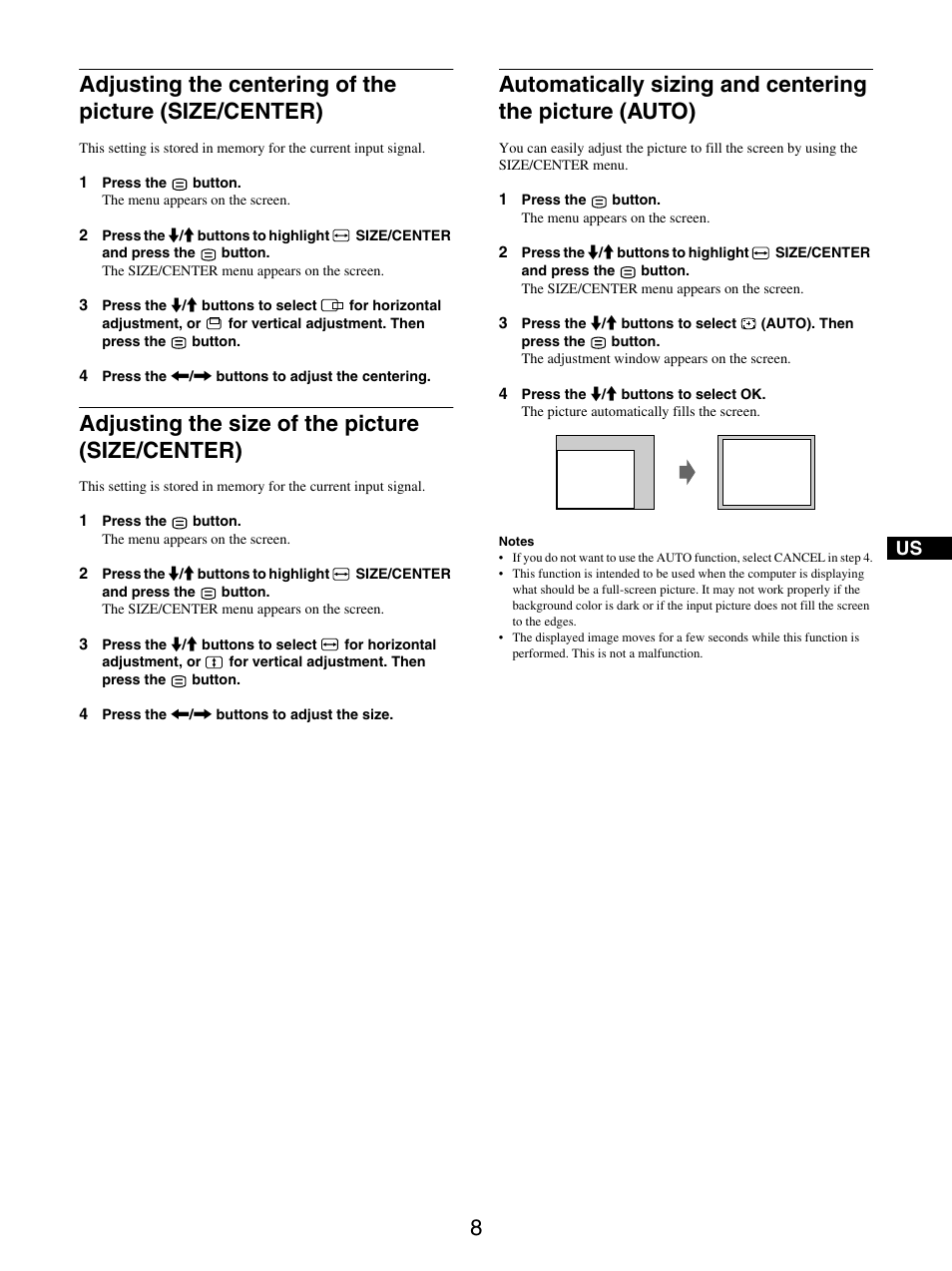 Adjusting the size of the picture (size/center) | IBM P97 User Manual | Page 10 / 20