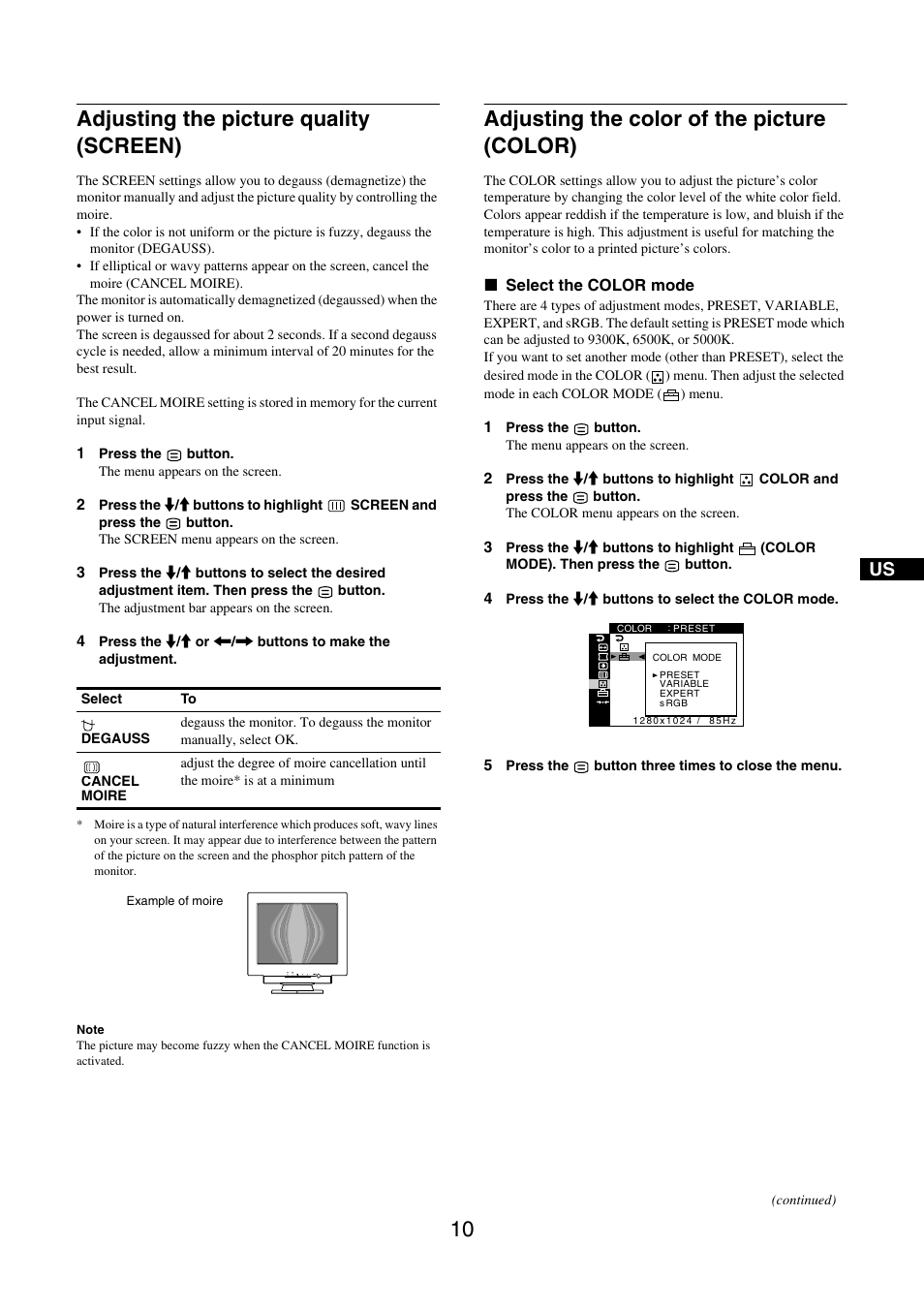 Adjusting the picture quality (screen), Adjusting the color of the picture (color) | IBM P97 User Manual | Page 12 / 20