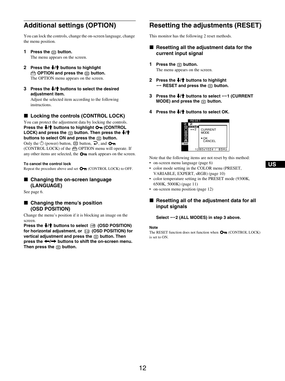 Additional settings (option), Resetting the adjustments (reset) | IBM P97 User Manual | Page 14 / 20