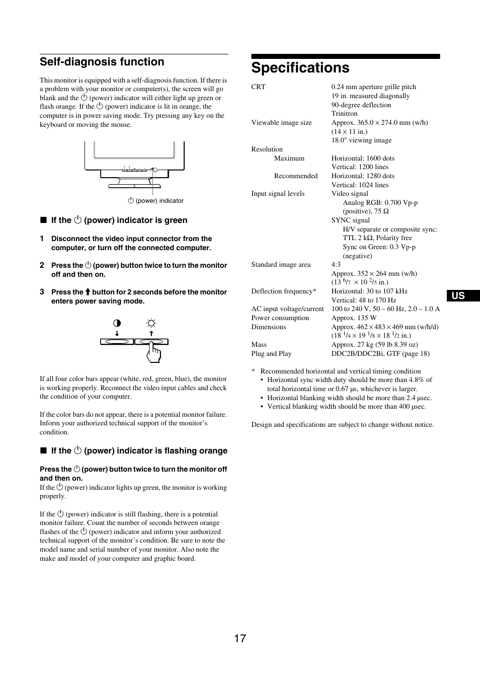 Self-diagnosis function, Specifications | IBM P97 User Manual | Page 19 / 20