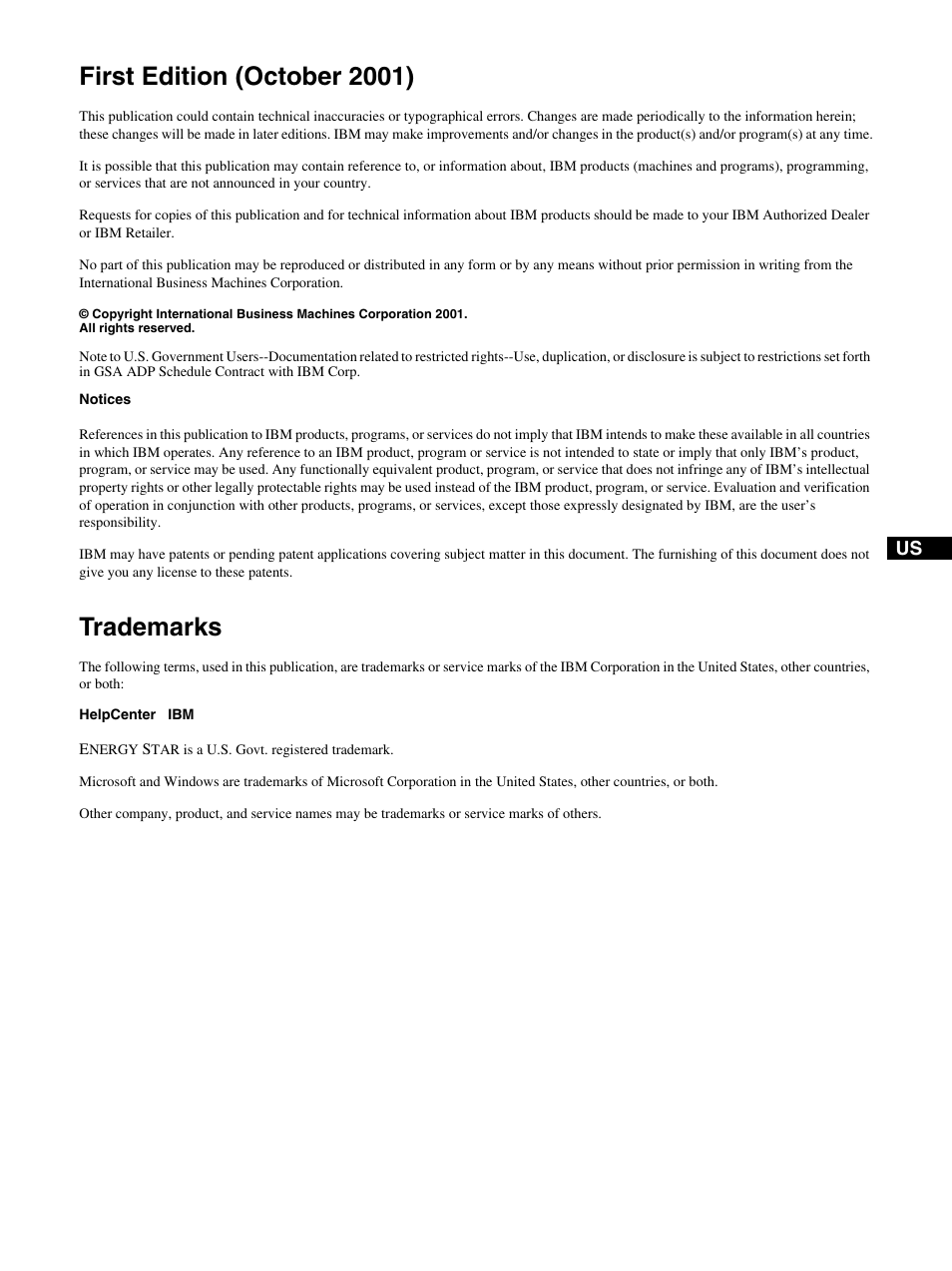 First edition (october 2001), Trademarks | IBM P97 User Manual | Page 2 / 20