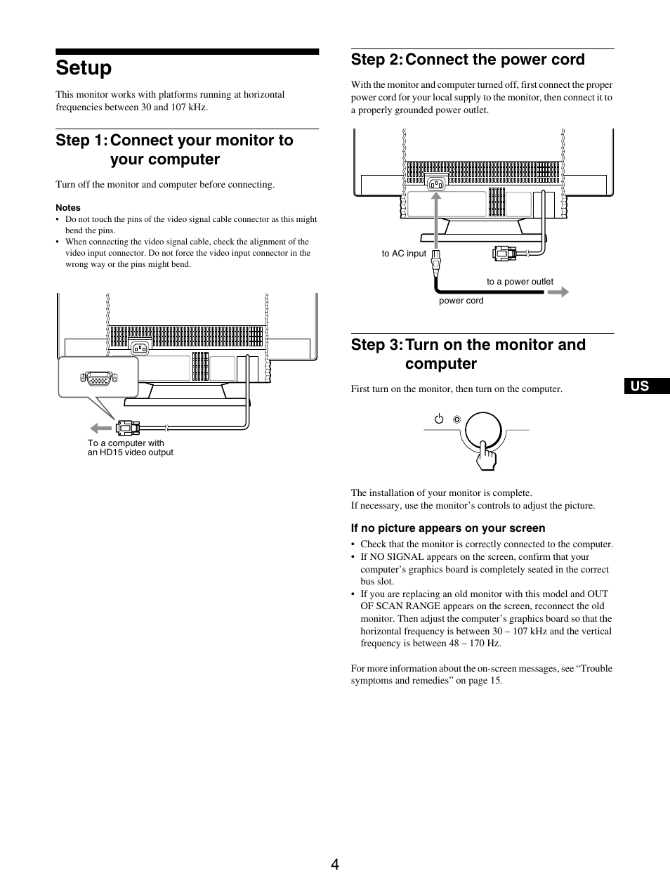 Setup, Step 1: connect your monitor to your computer, Step 2: connect the power cord | Step 3: turn on the monitor and computer, Step 1, Step 2, Step 3 | IBM P97 User Manual | Page 6 / 20