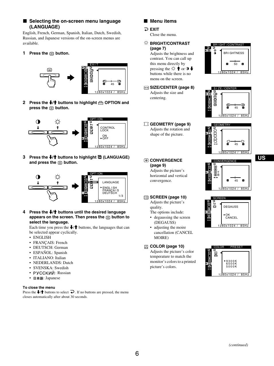 X selecting the on-screen menu language (language), X menu items | IBM P97 User Manual | Page 8 / 20