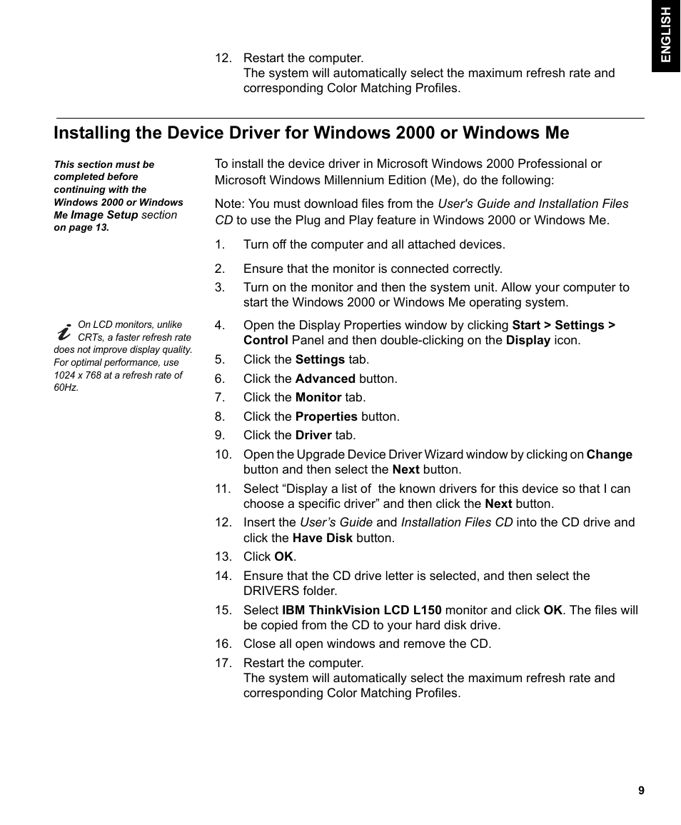 Windows 2000 or windows me | IBM L170 User Manual | Page 12 / 32