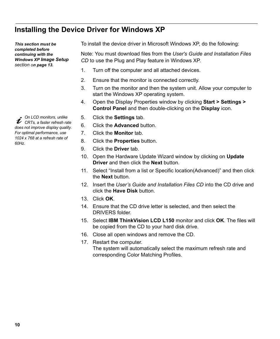 Installing the device driver for windows xp, Windows xp | IBM L170 User Manual | Page 13 / 32