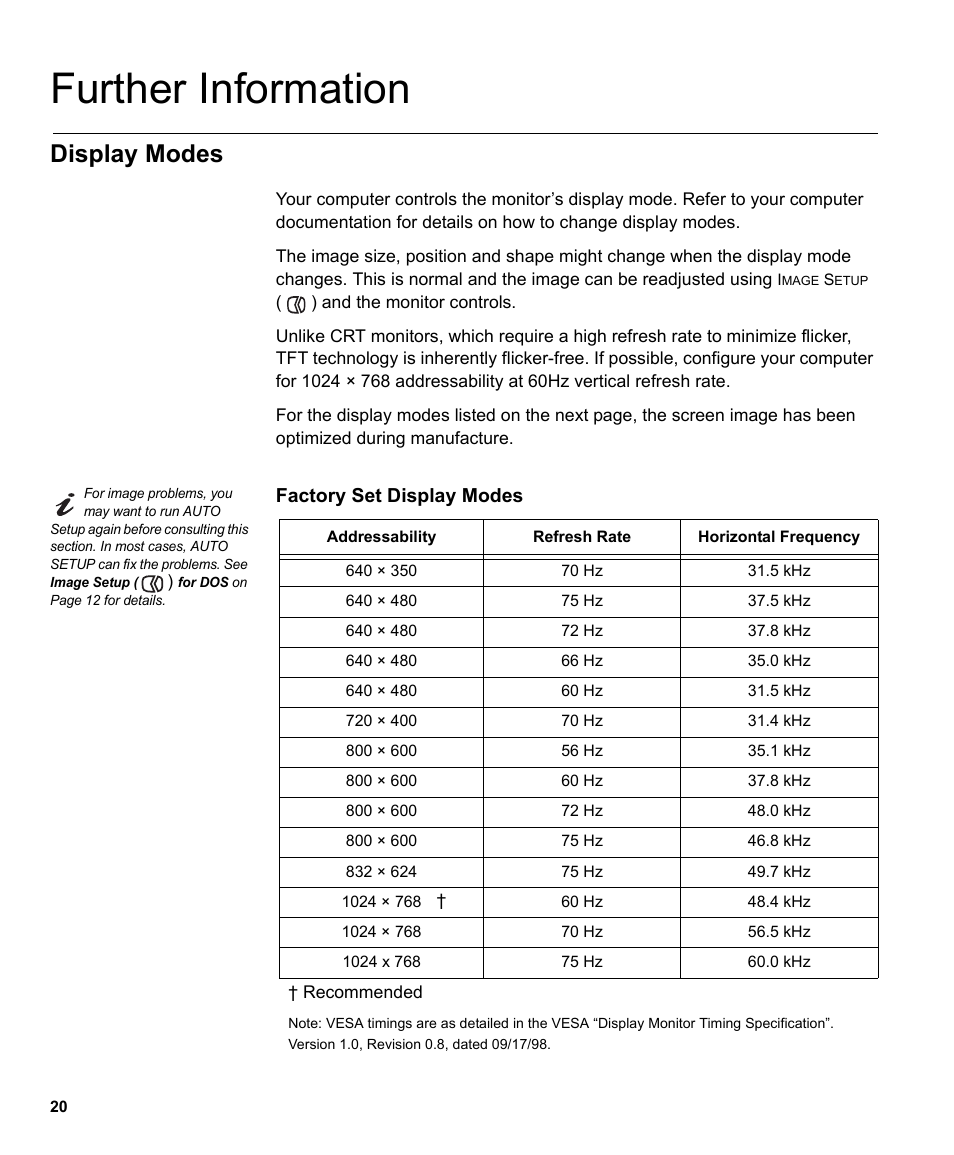 Further information, Display modes | IBM L170 User Manual | Page 23 / 32