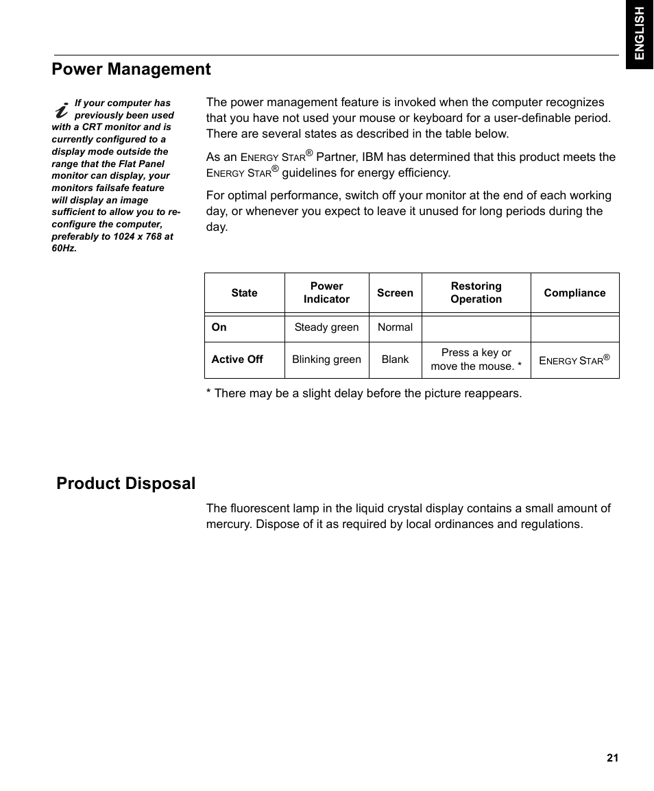 Power management, Product disposal | IBM L170 User Manual | Page 24 / 32