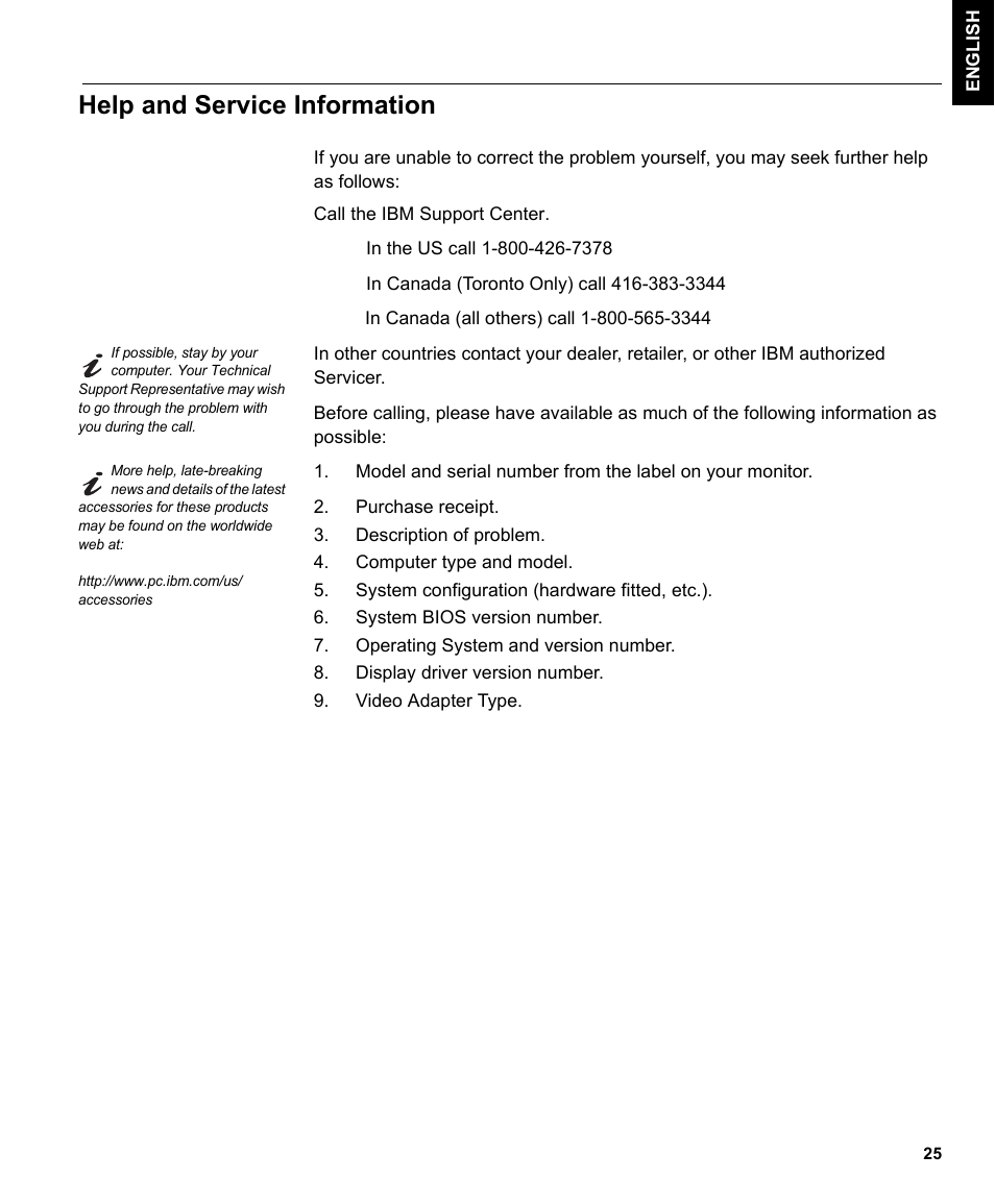 Help and service information | IBM L170 User Manual | Page 28 / 32