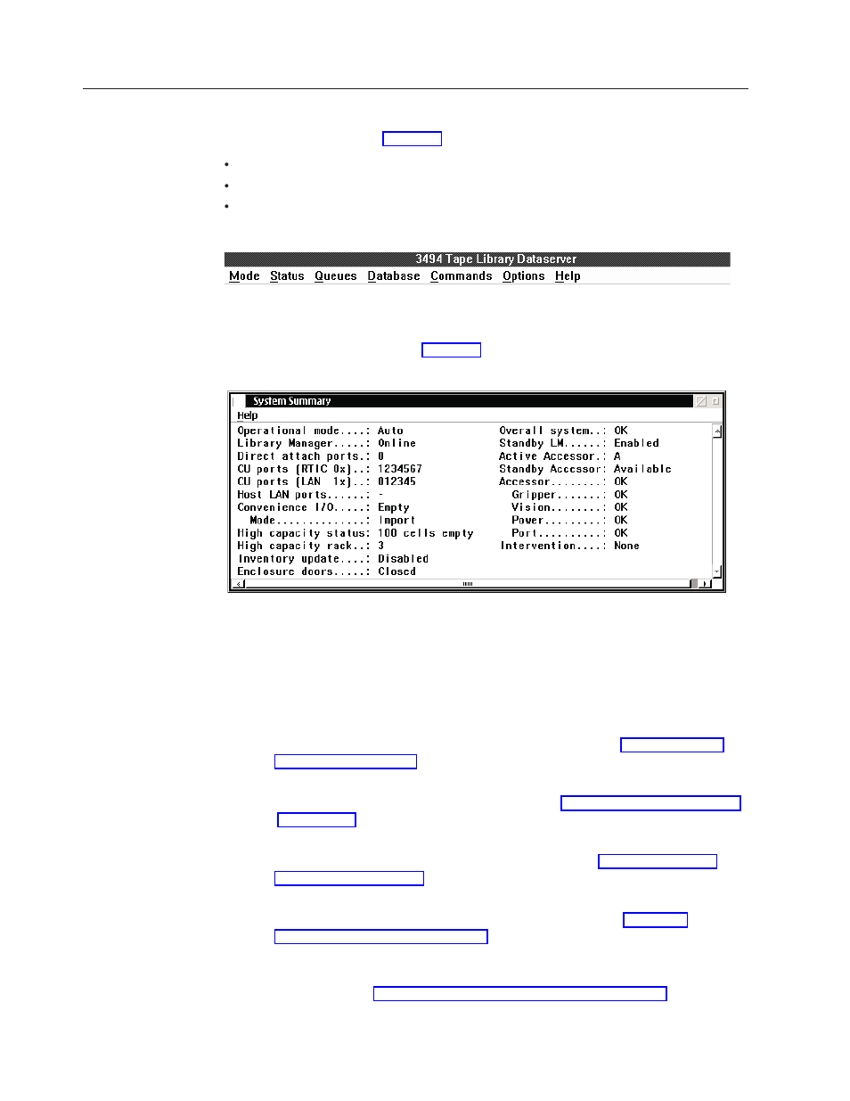 Using the operator menu, Operator menu, System summary pop-up window | IBM Tape Library Magstar 3494 User Manual | Page 120 / 378