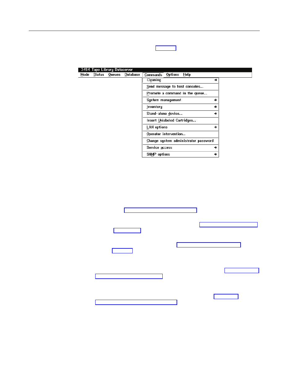 Using the commands pull-down, Commands pull-down menu | IBM Tape Library Magstar 3494 User Manual | Page 174 / 378