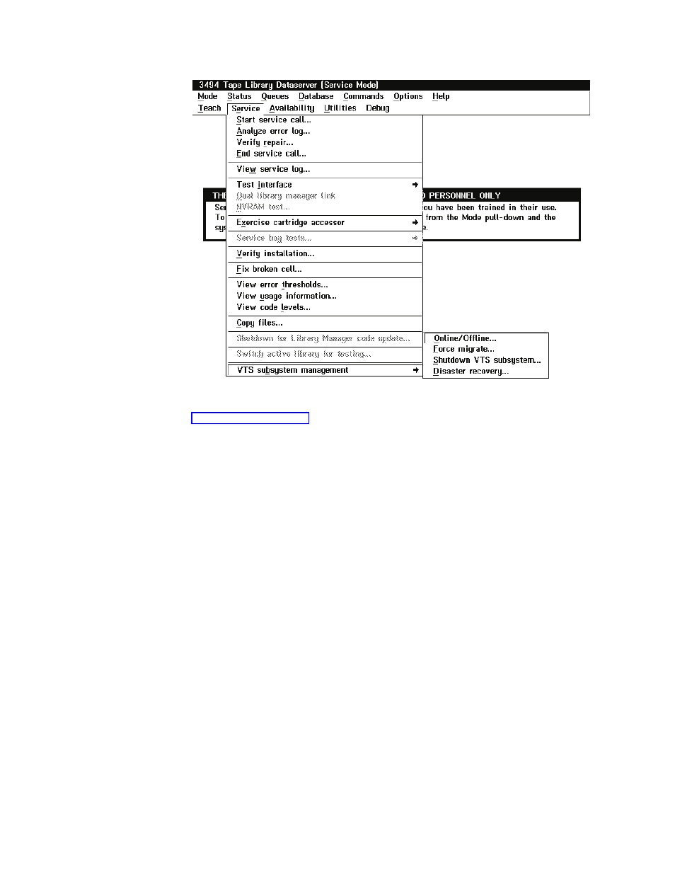 Service pull-down menu | IBM Tape Library Magstar 3494 User Manual | Page 197 / 378