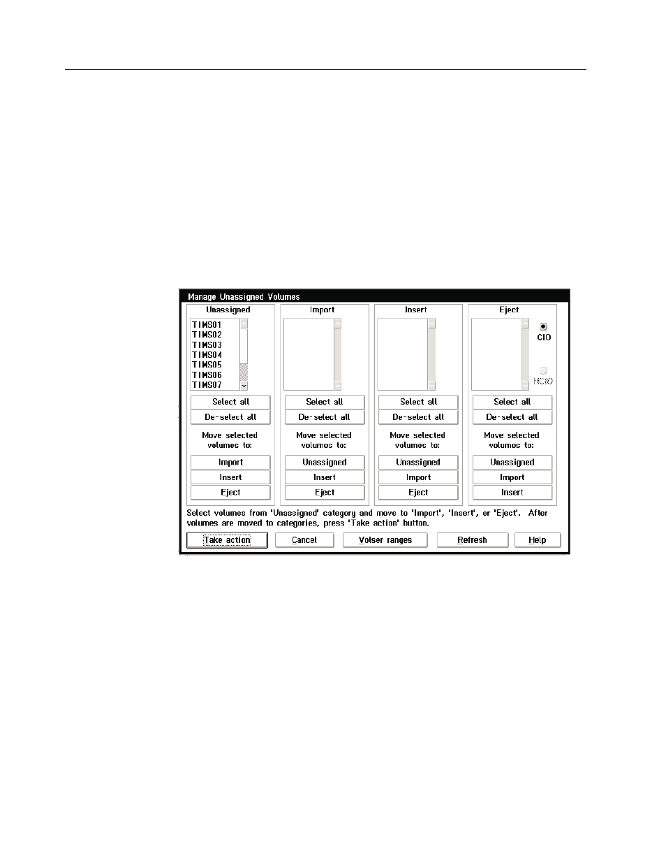 Managing import/export volumes, Manage unassigned volumes, Manage unassigned volumes pop-up window | IBM Tape Library Magstar 3494 User Manual | Page 224 / 378