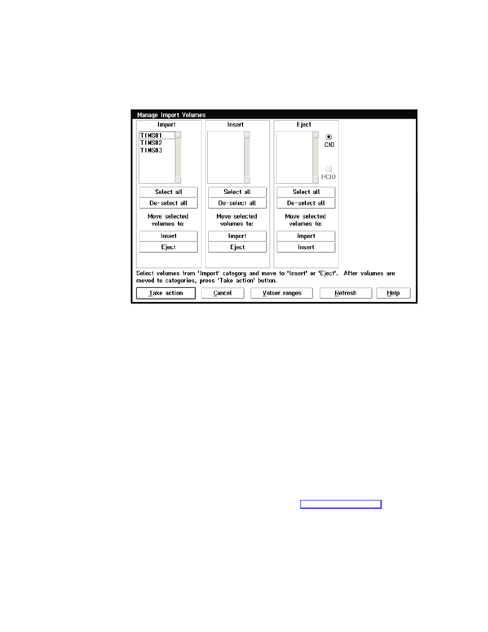 Manage import volumes, Manage import volumes pop-up window | IBM Tape Library Magstar 3494 User Manual | Page 226 / 378