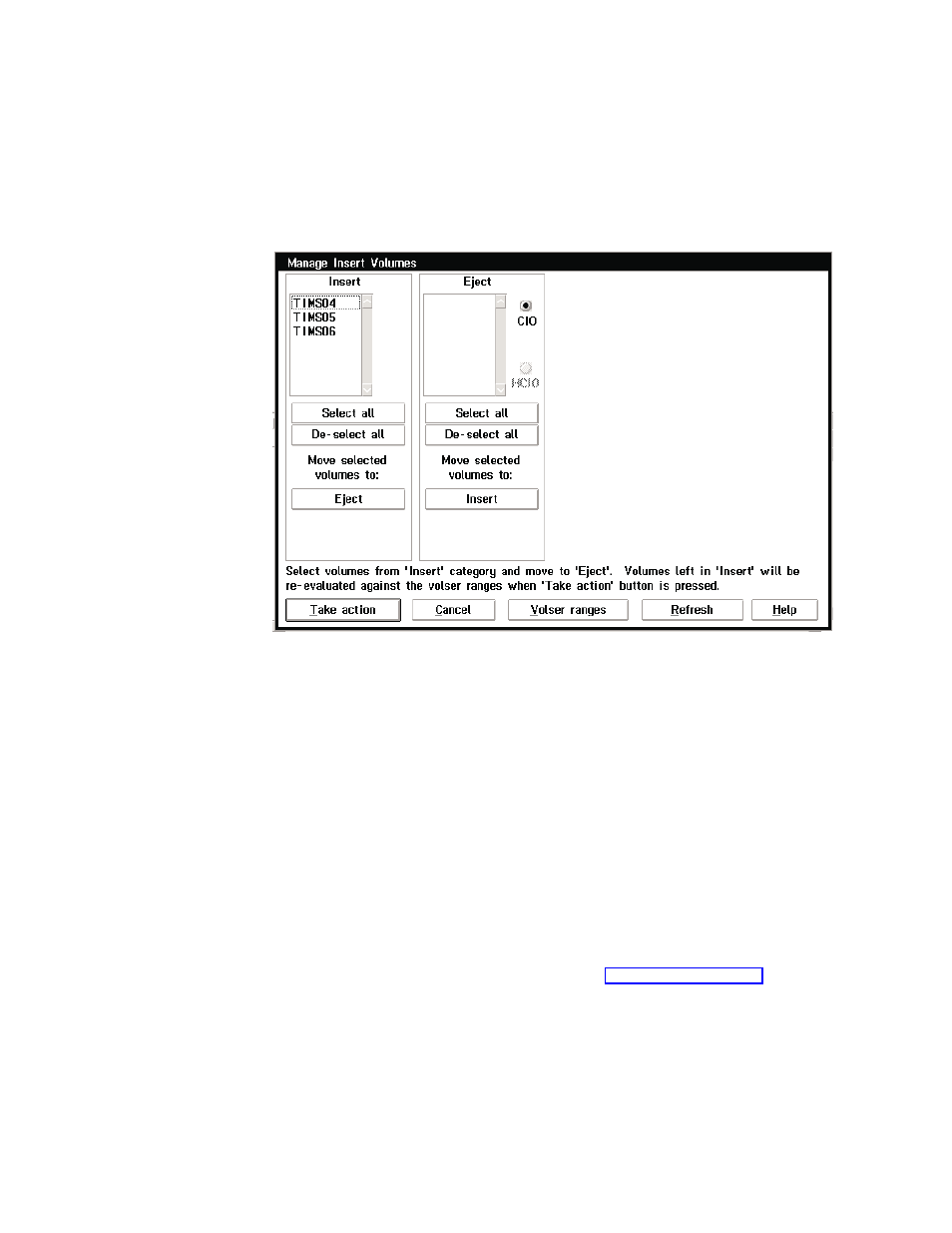Manage insert volumes, Manage insert volumes pop-up window | IBM Tape Library Magstar 3494 User Manual | Page 227 / 378