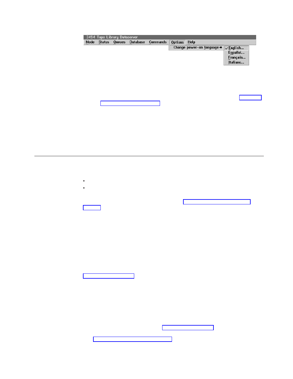 Using manual mode, Options pull-down menu | IBM Tape Library Magstar 3494 User Manual | Page 249 / 378