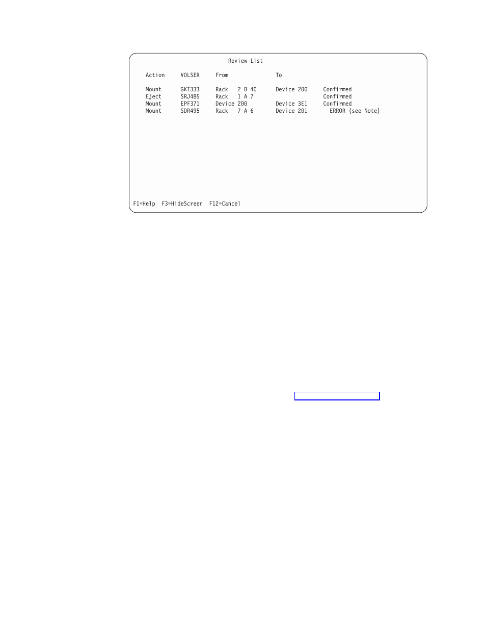 Error processing, Manual mode review list screen | IBM Tape Library Magstar 3494 User Manual | Page 258 / 378
