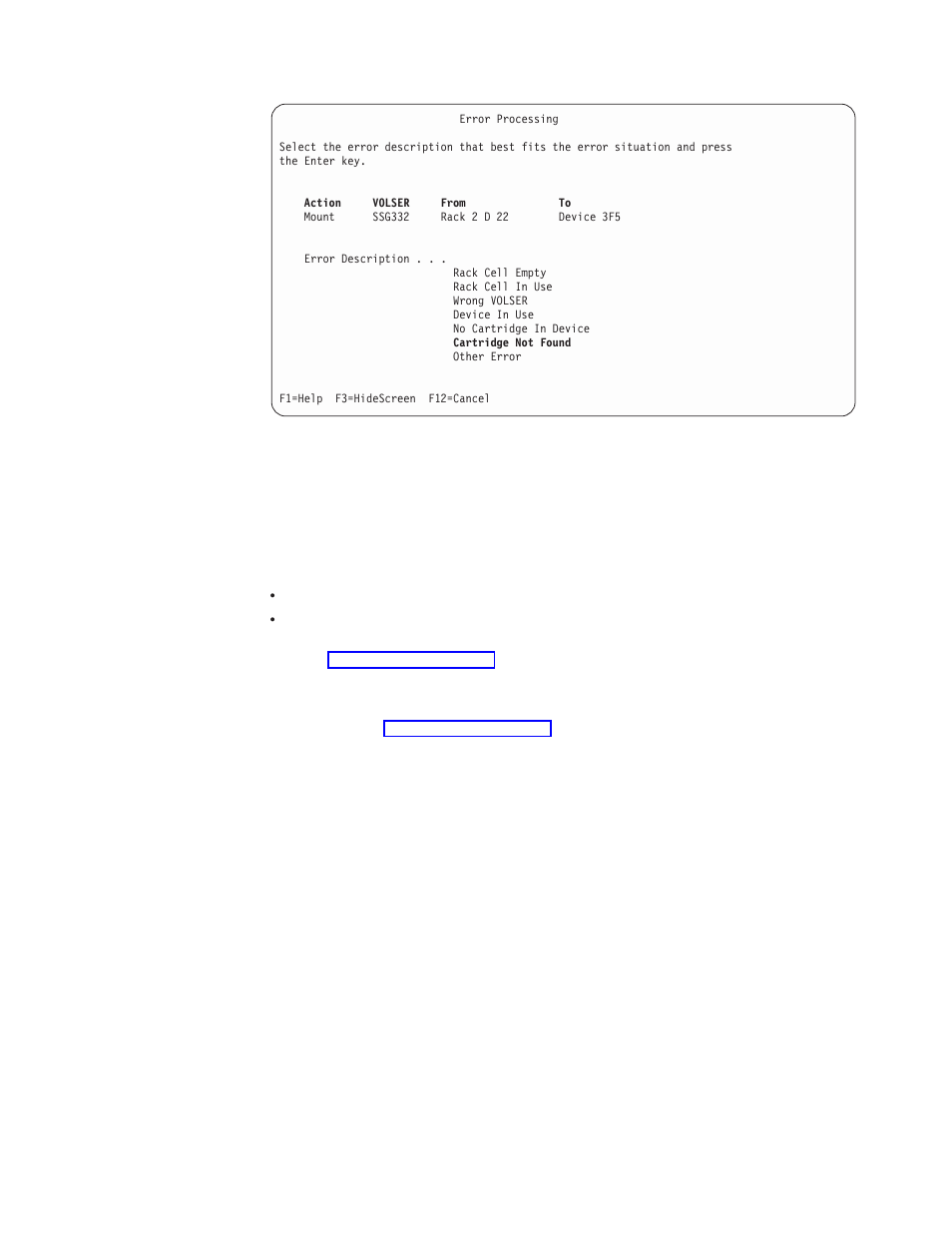 Locating and identifying home cell locations, Manual mode error processing screen | IBM Tape Library Magstar 3494 User Manual | Page 259 / 378