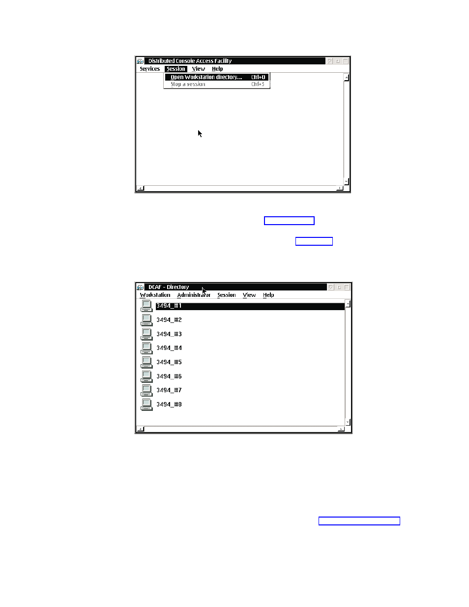 Dcaf controlling main window, Dcaf directory | IBM Tape Library Magstar 3494 User Manual | Page 265 / 378