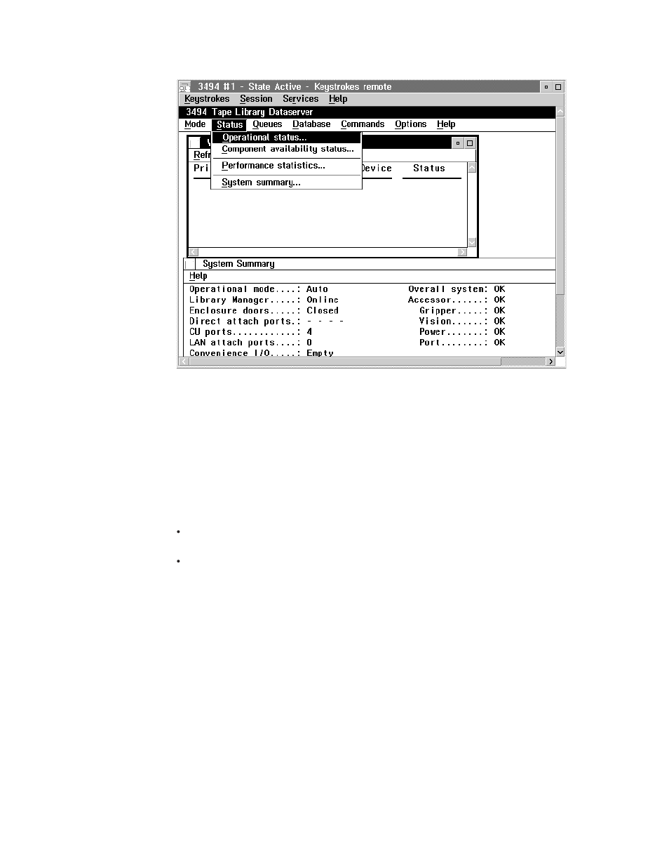 Remote library manager console session window | IBM Tape Library Magstar 3494 User Manual | Page 274 / 378