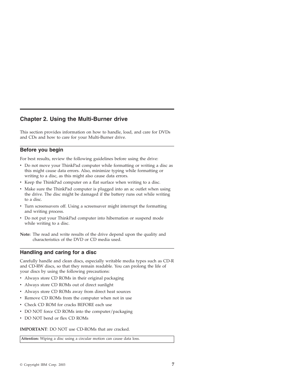 Chapter 2. using the multi-burner drive, Before you begin, Handling and caring for a disc | IBM ThinkPad 22P7028 User Manual | Page 15 / 54