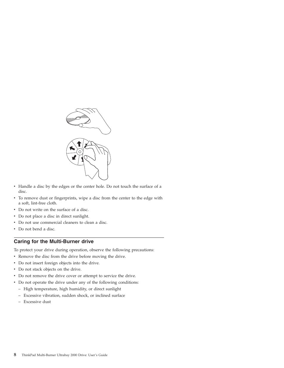 Caring for the multi-burner drive | IBM ThinkPad 22P7028 User Manual | Page 16 / 54