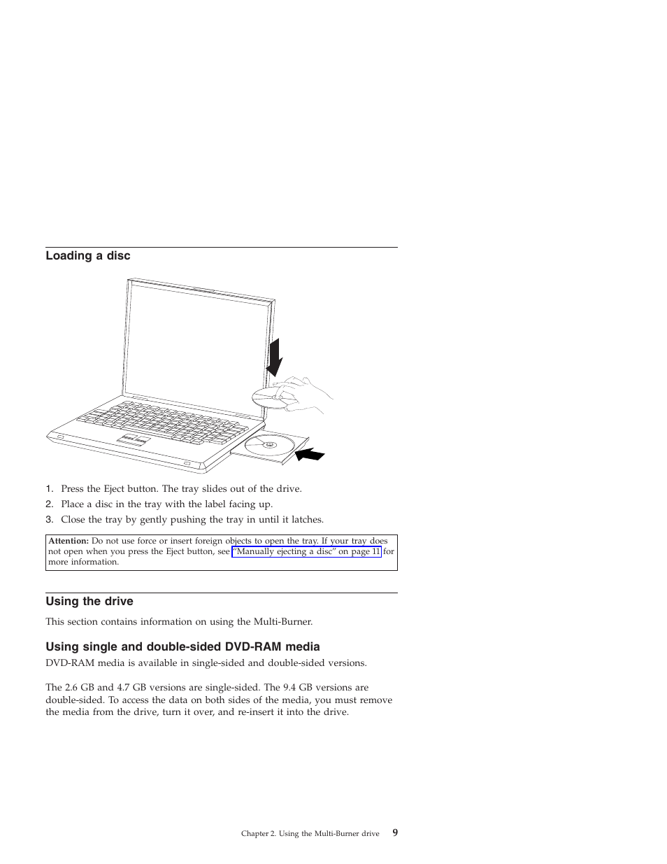 Loading a disc, Using the drive, Using single and double-sided dvd-ram media | IBM ThinkPad 22P7028 User Manual | Page 17 / 54