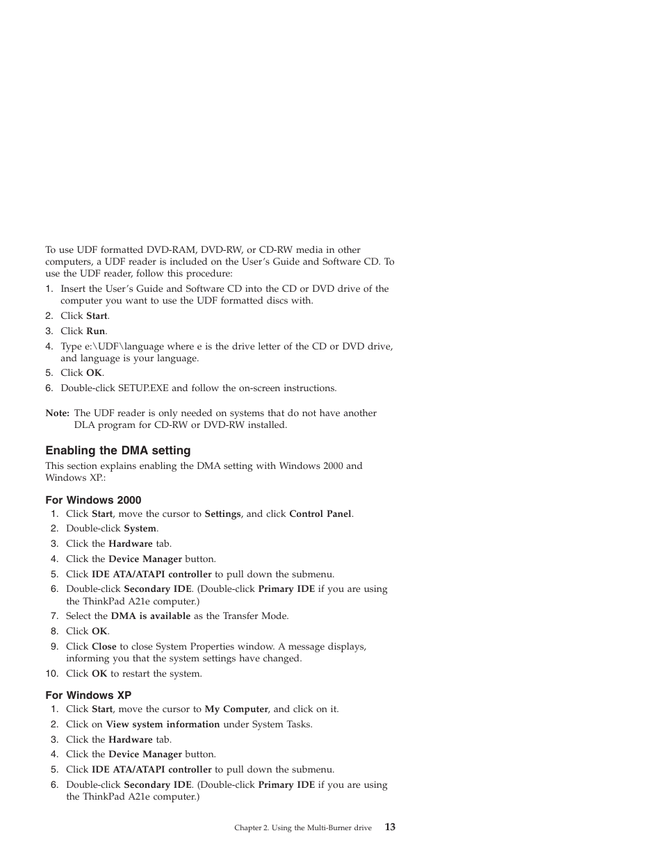 Enabling the dma setting, For windows 2000, For windows xp | IBM ThinkPad 22P7028 User Manual | Page 21 / 54